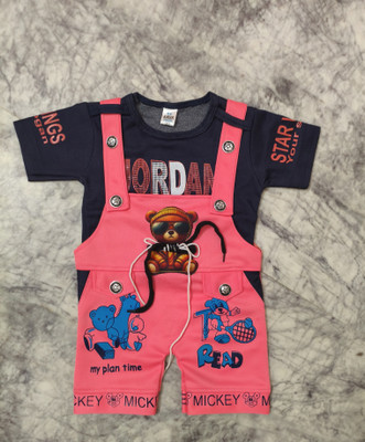 STH FASHION Baby Boys & Baby Girls Party(Festive) T-shirt Dungaree(Pink)