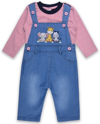 Wishkaro Dungaree For Baby Boys Casual Printed, Applique Cotton Blend, Denim(Pink, Pack of 1)