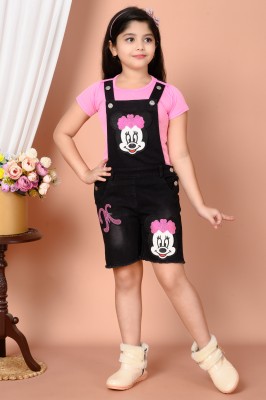 R8 CHOICE Dungaree For Girls Party Applique Denim, Cotton Blend(Black, Pack of 1)