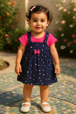 Clothe Funn Dungaree For Baby Girls Casual Printed Pure Cotton(Dark Blue, Pack of 1)