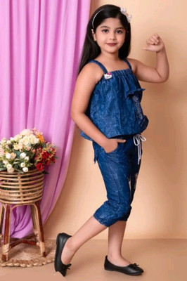 VBOK Romper For Baby Girls Party Self Design Denim(Blue, Pack of 1)