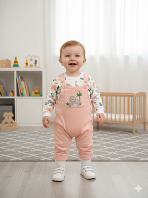 Pompidou Dungaree For Baby Boys Casual Printed Pure Cotton(Pink, Pack of 1)