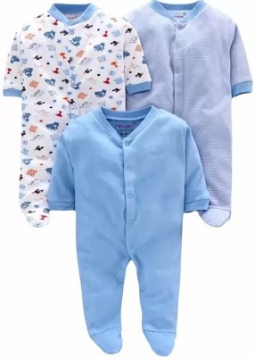 Modern Mama Romper For Baby Boys & Baby Girls Casual Striped, Printed, Solid Cotton Blend(Blue, Pack of 3)