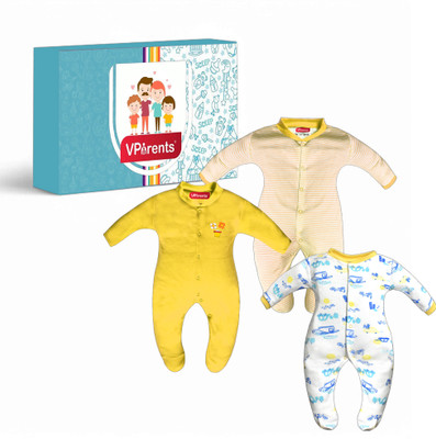 VParents Romper For Baby Boys & Baby Girls Printed, Striped, Solid Hosiery(Yellow, Pack of 3)