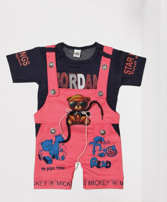 STH FASHION Dungaree For Baby Boys & Baby Girls Party Printed Cotton Blend(Pink, Pack of 1)