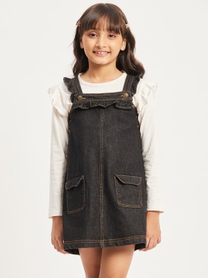 Purple United Kids Dungaree For Girls Casual Solid Denim(Black, Pack of 1)
