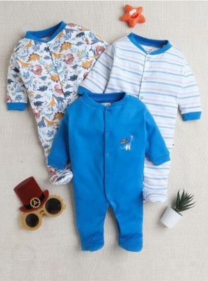 GME Romper For Baby Boys & Baby Girls Casual Printed, Solid, Striped Cotton Blend(Blue, Pack of 3)