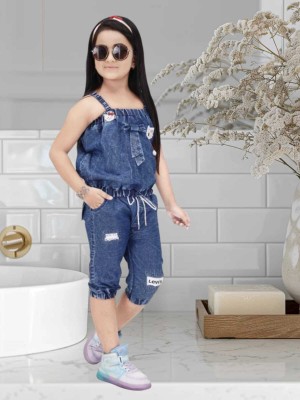 STEEPEARLY Dungaree For Baby Girls Party Self Design Denim(Blue, Pack of 1)