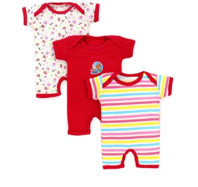 MAHADEV Romper For Baby Boys & Baby Girls Printed Cotton Blend(Red, Pack of 3)