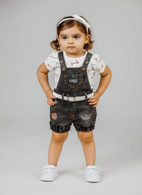 Buble Duble Dungaree For Baby Girls Party Graphic Print Cotton Blend, Denim(Black, Pack of 1)