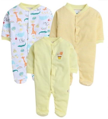 MEGNAM Romper For Baby Boys & Baby Girls Printed Cotton Blend(Yellow, Pack of 3)