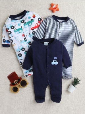 GME Romper For Baby Boys & Baby Girls Casual Printed, Solid, Striped Cotton Blend(Dark Blue, Pack of 3)