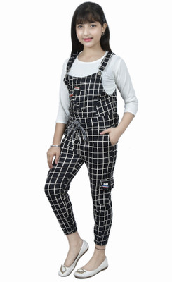 PERFECTPIVOT Dungaree For Girls Casual Checkered Cotton Blend(Black, Pack of 1)