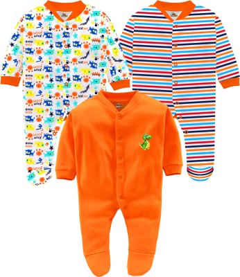 KidBee Romper For Baby Boys & Baby Girls Casual Striped, Printed Cotton Blend(Orange, Pack of 3)