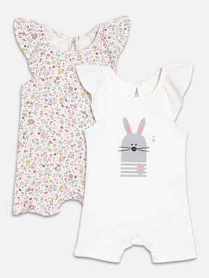 YK Organic Romper For Baby Boys & Baby Girls Casual Printed Cotton Blend(White, Pack of 2)