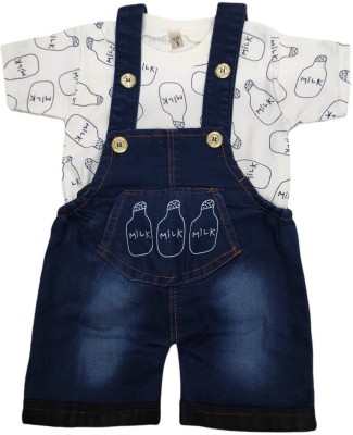 Evergreen Dungaree For Baby Boys & Baby Girls Casual Printed Denim, Cotton Blend, Hosiery, Cotton Silk(Blue, Pack of 1)