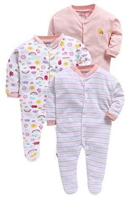 POOJA BABY Romper For Baby Boys & Baby Girls Printed Cotton Blend(Pink, Pack of 3)