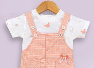 Pompidou Dungaree For Baby Boys Casual Printed Pure Cotton(Pink, Pack of 1)