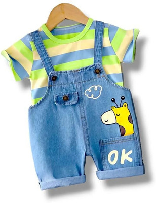 Keshvi Dungaree For Baby Boys & Baby Girls Party Striped Cotton Blend(Green, Pack of 1)