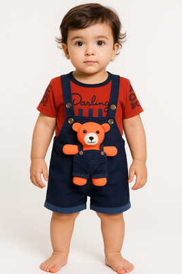 Shine Club Dungaree For Baby Boys & Baby Girls Party Printed Cotton Blend(Orange, Pack of 1)