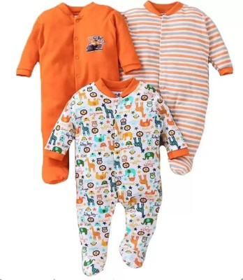 Modern Mama Romper For Baby Boys & Baby Girls Casual Printed Cotton Blend(Orange, Pack of 3)