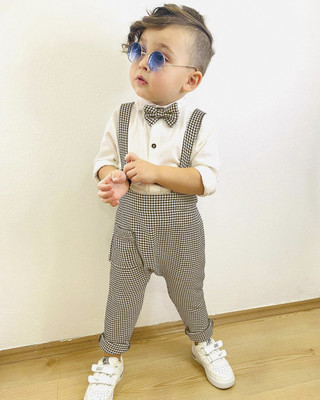 Belliza Baby Boys & Baby Girls Party(Festive) Shirt Dungaree, Bow Tie(BROWN)