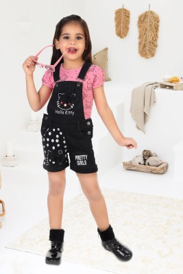Mynxe Dungaree For Girls Casual Printed Pure Cotton, Denim(Black, Pack of 1)