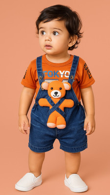 sonvan store Dungaree For Baby Boys Casual Printed, Applique Denim, Cotton Blend(Orange, Pack of 1)