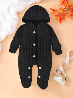 ICABLE Romper For Baby Boys & Baby Girls Casual Solid Velvet(Black, Pack of 1)