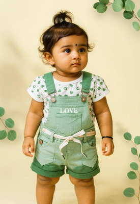 Buble Duble Dungaree For Baby Girls Casual Printed Cotton Blend(Light Green, Pack of 1)