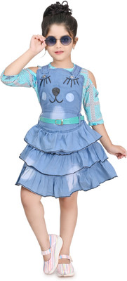 Nbfashion Girls Midi/Knee Length Casual Dress(Blue, 3/4 Sleeve)