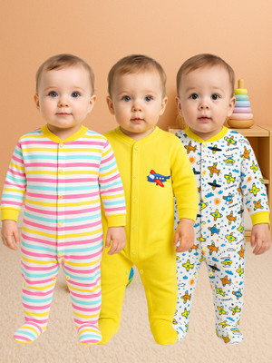 KidBee Romper For Baby Boys & Baby Girls Party Striped, Solid, Printed Hosiery, Cotton Blend(Multicolor, Pack of 3)