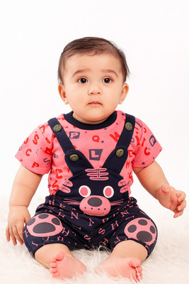 UNIQUE WAY Dungaree For Baby Boys & Baby Girls Casual Printed Pure Cotton(Pink, Pack of 1)