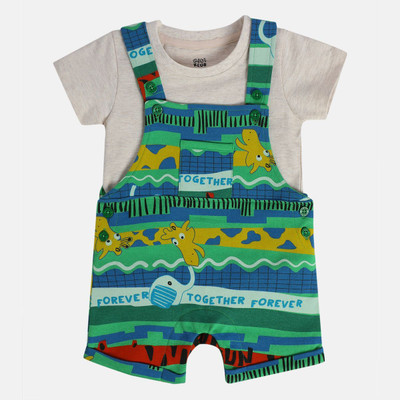 MINI KLUB Dungaree For Baby Boys Printed Pure Cotton(Green, Pack of 2)