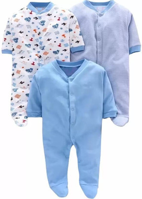 SMILEY APPU CLOTHING Romper For Baby Boys & Baby Girls Printed, Striped, Solid Hosiery(Light Blue, Pack of 3)