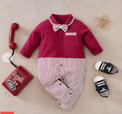 Dhyana Romper For Baby Boys & Baby Girls Party Striped, Solid Hosiery(Red, Pack of 1)