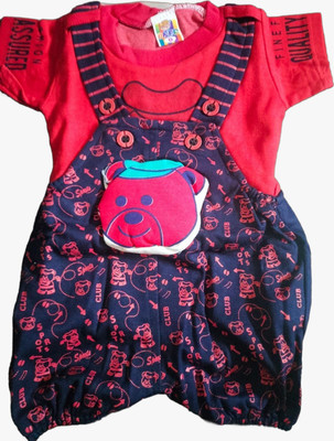 TrendFusion Dungaree For Baby Boys & Baby Girls Casual Printed Cotton Blend(Red, Pack of 1)