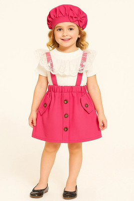 ShopGlobal Dungaree For Baby Girls Party Embroidered Polycotton, Cotton Crepe Blend(Pink, Pack of 1)