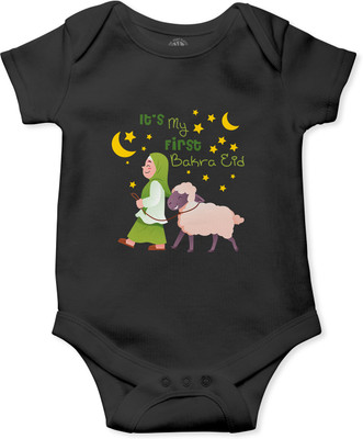 THE PRINT PLATTER Romper For Baby Boys & Baby Girls Printed Pure Cotton(Black, Pack of 1)