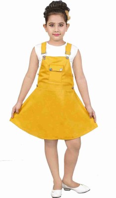 Kikofashion Dungaree For Girls Casual Solid Cotton Blend(Yellow, Pack of 1)