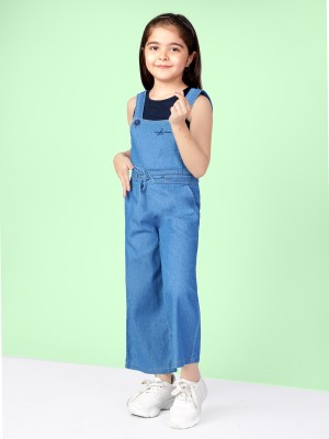 naughty ninos Dungaree For Girls Casual Solid Pure Cotton(Dark Blue, Pack of 1)