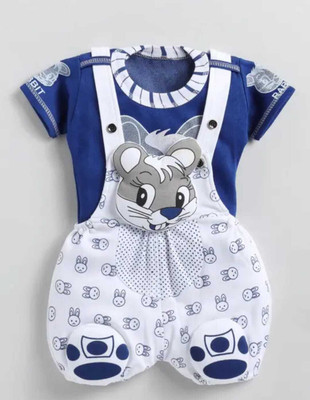 Tintin Dungaree For Baby Boys & Baby Girls Printed, Applique Cotton Blend(Dark Blue, Pack of 1)