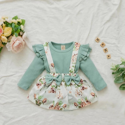 FLORA Dungaree For Girls Casual Floral Print Cotton Blend(Light Blue, Pack of 1)