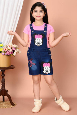 IND FASHION Dungaree For Girls Party Applique Denim, Cotton Blend(Blue, Pack of 1)