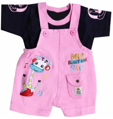 PSFLY KIDS Dungaree For Baby Boys & Baby Girls Casual Printed Cotton Blend(Pink, Pack of 1)