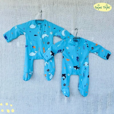 TwinsTribe Romper For Baby Boys & Baby Girls Casual Printed Pure Cotton(Blue, Pack of 2)