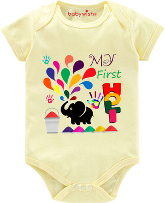 Babywish Romper For Baby Boys & Baby Girls Casual Printed Cotton Blend(Yellow, Pack of 1)