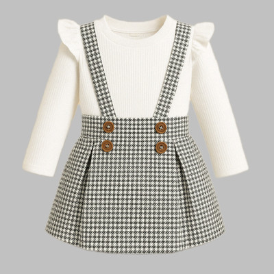 TOGEPI Dungaree For Girls Party Checkered Cotton Blend(White, Pack of 1)