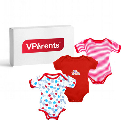 VParents Romper For Baby Boys & Baby Girls Solid, Striped, Printed Hosiery(Red, Pack of 3)