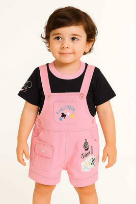 bina fashion Dungaree For Baby Boys Printed Cotton Blend(Pink, Pack of 1)